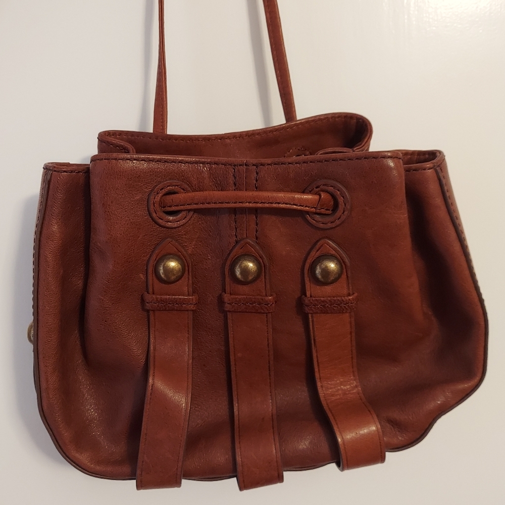 NWOT Frye Brown Leather Handbag with Studded Brass Strap Details